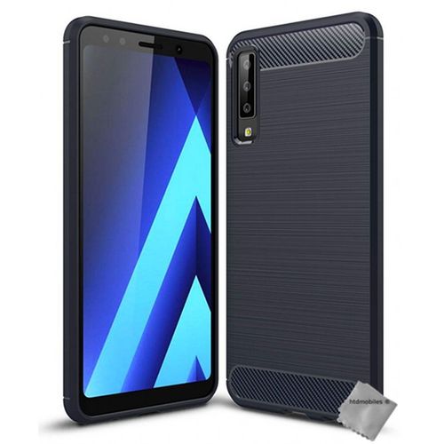 Housse Etui Coque Silicone Gel Carbone Pour Samsung Galaxy A7 (2018) + Verre Trempe - Bleu Fonce