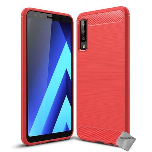 Housse Etui Coque Silicone Gel Carbone Pour Samsung Galaxy A7 (2018) + Verre Trempe - Rouge