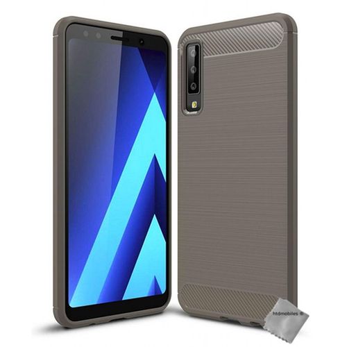Housse Etui Coque Silicone Gel Carbone Pour Samsung Galaxy A7 (2018) + Verre Trempe - Gris