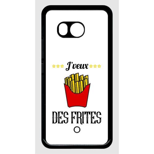 Coque Pour Smartphone - J Veux Des Frites Fond Blanc - Compatible Avec Htc U11 - Plastique - Bord Noir