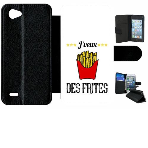 Etui A Rabat - J Veux Des Frites Fond Blanc - Compatible Avec Lg Q6 - Plastique - Bord Noir