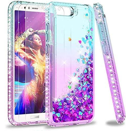 Coque Huawei Y6 2018 Avec Verre Trempé [Lot De 2], Fille Personnalisé Liquide Paillette Transparente 3d Silicone Gel Tpu Antichoc Kawaii Etui Housse Pour Huawei Y6 2018/Honor 7a Turquoise Violet