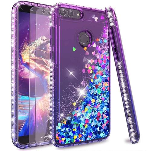 Coque Huawei P Smart 2018 Avec Verre Trempé [Lot De 2], Fille Personnalisé Liquide Paillette Transparente Silicone Gel Antichoc Kawaii Étui Housse Pour Huawei P Smart/Enjoy 7s Violet Bleu