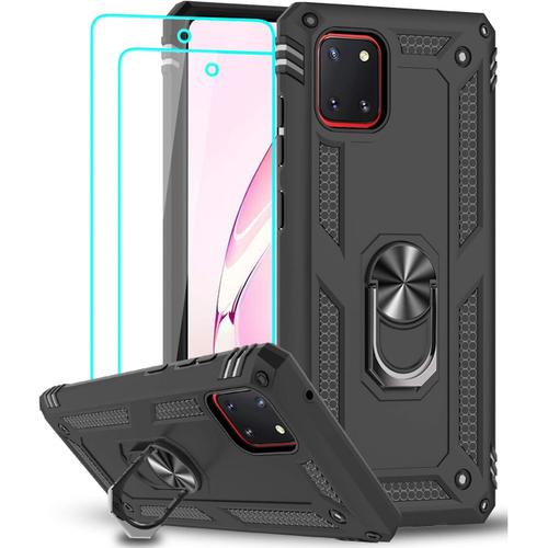 Coque Pour Samsung Galaxy Note 10 Lite/ A81 [2 × Verre Trempé] Anneau Support, Militaire Double Défense Bumper Tpu Silicone Antichoc Armure Protection Housse Etui Samsung Note 10 Lite/A81 Noir