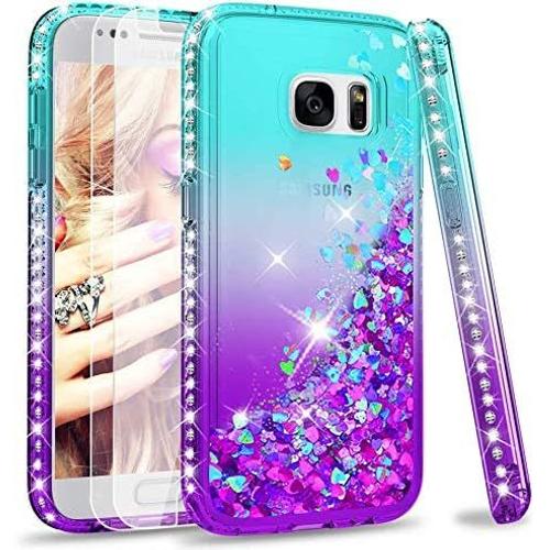 Coque Pour Samsung Galaxy S7 (Pas S7 Egde) Avec Verre Trempé [Lot De 2], Liquide Paillette Transparente 3d Tpu Gel Silicone Antichoc Kawaii Diamant Protection Étui Turquoise Violet