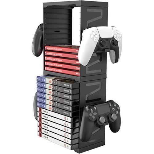 Tour De Rangement Universelle Pour Jeux Vidéo, Dvd Et Disques Blu-Ray Pour Ps5/Ps4/Xbox Series X/Xbox One/Ns, 24 Jeux Avec 4 Supports De Manettes