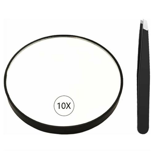 Miroir Compact Poche Avec Grossissement 10x, Miroir De Maquillage De Voyage Portable Parfait Pour La Salle De Douche De Voyage, Miroir Grossissant De 3,4 Pouces Avec Ventouse + Pince À Épiler 