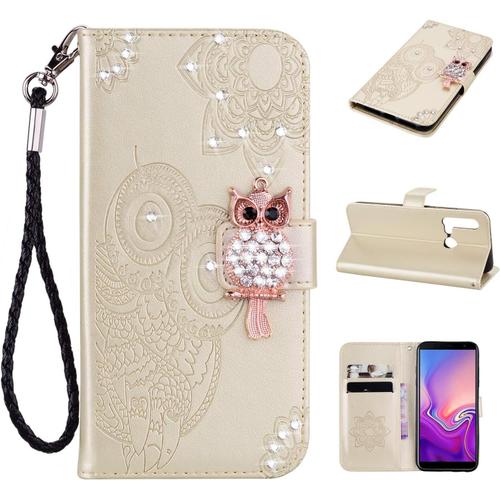 Coque Compatible Pour Huawei P20 Lite 2019 Etui Bijoux Strass Gaufrer Portefeuille Florale De Hiboux Design Premium Flip Housse Avec Fonction Support Or