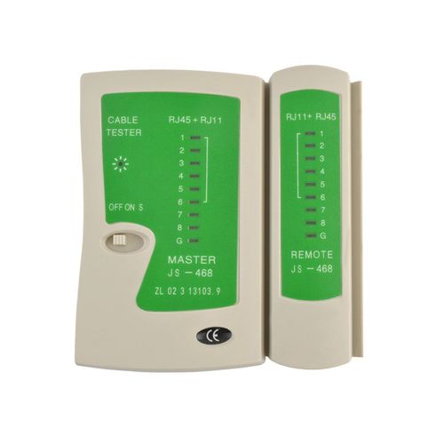 D?ECTEUR TESTEUR DE C‚LES RJ45 RJ11 • alimentation : pile 9V • 10,5 x 10,3 x 3 cm • pour tester les c?bles du type UTP,FTP,STP et ligne t?phonique RJ45, RJ11