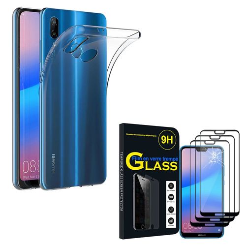 Coque Silicone Pour Huawei P20 Lite/ Nova 3e 5.84" Gel Ultraslim Et Ajustement Parfait - Transparent + 3 Films Verre Trempé - Noir