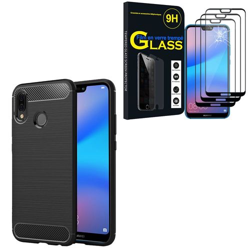 Coque Silicone Tpu Pour Huawei P20 Lite/ Nova 3e 5.84" Fibre De Carbone Brossé - Noir + 3 Films Verre Trempé - Noir