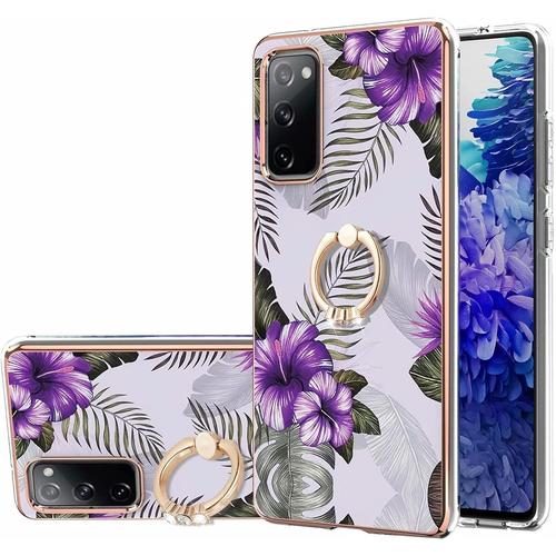 Compatible Avec Coque Samsung Galaxy S20 Fe Marbre Concevoir Étui Avec 360° Béquille À Anneau Réglable Souple Tpu Antichoc Housse Protection-Fleur Mauve