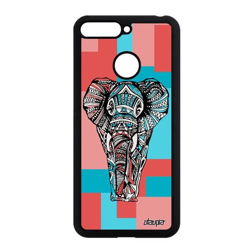 Coque Honor 7a Silicone Elephant Carré Ethnique Animaux Cube Etui Rose D'asie En