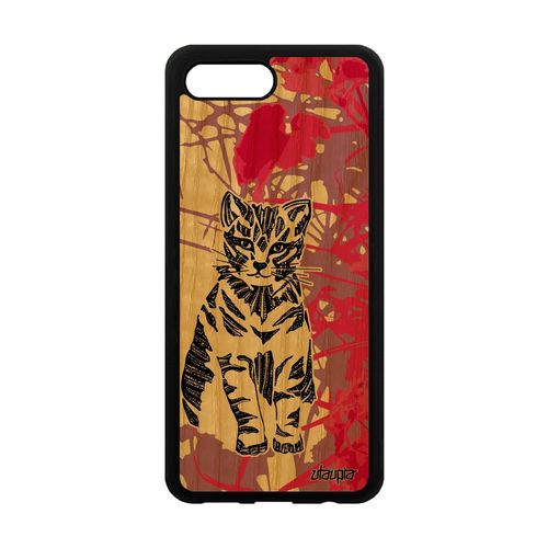 Coque Bois Honor 10 Silicone Chat Cover Frêne Azteque Chaton Nature Rose Animal