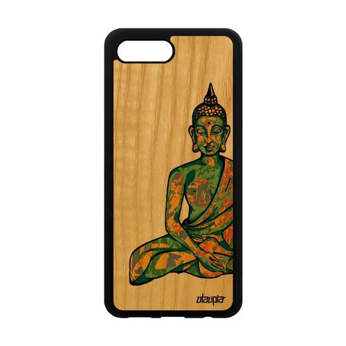 Coque Honor 10 En Bois Et Silicone Bouddha Assis Personnalisé Soleil Vert Souple