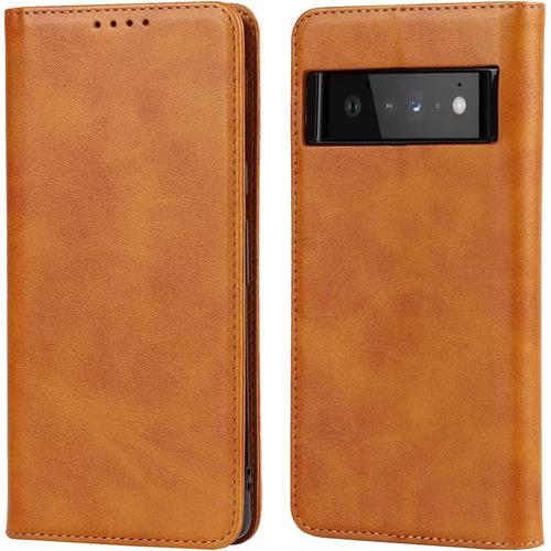 Coque For Google Pixel 6 Pixel6 Pro Premium Pu Cuir À Rabat Flip Housse Étui Antichoc Housse Avec Fermoire Magnétique Stand Et Fente Carte Orange Pixel 6