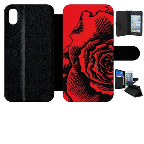 Etui A Rabat - Fleur Fond Fond Rouge - Compatible Avec Apple Iphone Xr - Simili-Cuir - Bord Noir
