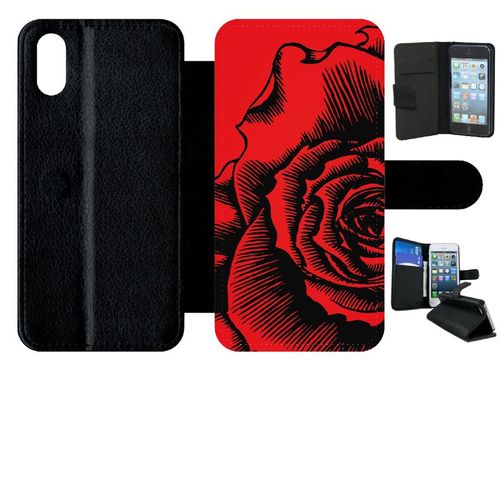 Etui A Rabat - Fleur Fond Fond Rouge - Compatible Avec Apple Iphone Xs - Plastique - Bord Noir
