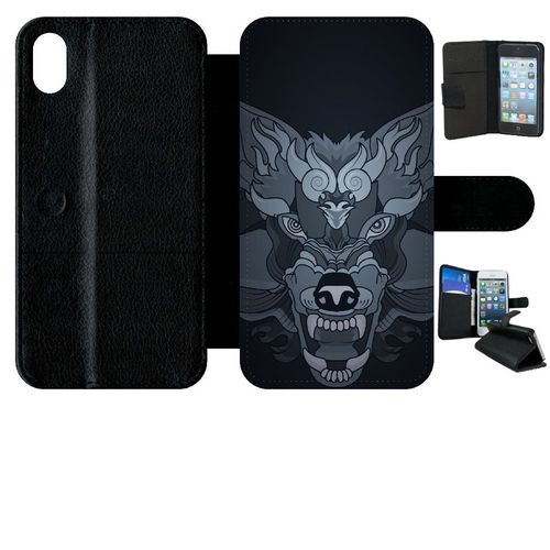 Etui A Rabat - Loup Fond Gris - Compatible Avec Apple Iphone Xr - Simili-Cuir - Bord Noir