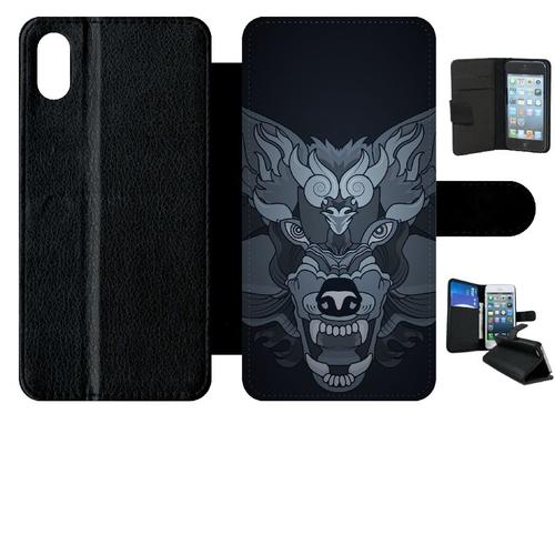 Etui A Rabat - Loup Fond Gris - Compatible Avec Apple Iphone Xs Max - Simili-Cuir - Bord Noir