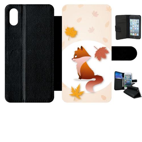 Etui A Rabat - Renard Fond Beige - Compatible Avec Apple Iphone Xs Max - Simili-Cuir - Bord Noir