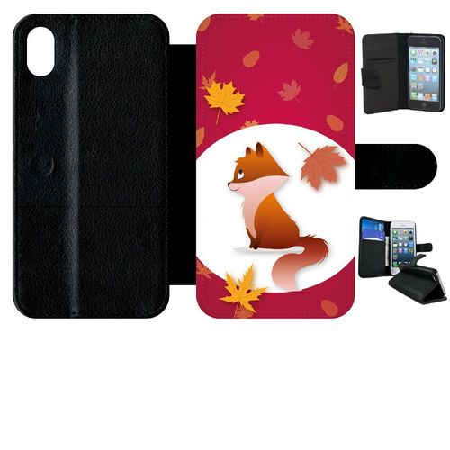 Etui A Rabat - Renard Fond Rouge - Compatible Avec Apple Iphone Xr - Simili-Cuir - Bord Noir