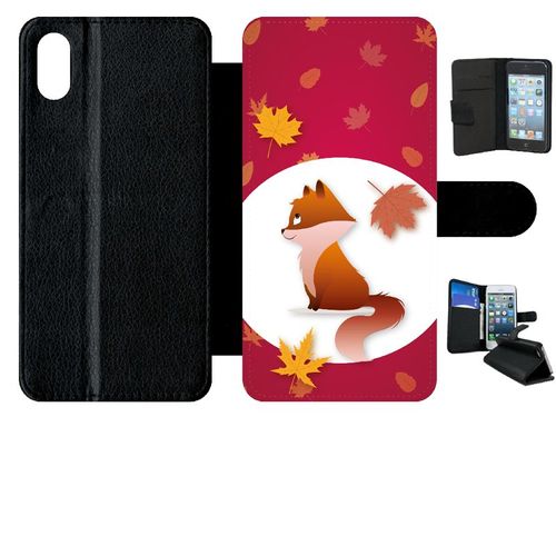 Etui A Rabat - Renard Fond Rouge - Compatible Avec Apple Iphone Xs Max - Simili-Cuir - Bord Noir