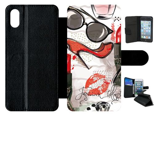Etui A Rabat - Motif Girly Fond Blanc - Compatible Avec Apple Iphone Xs Max - Simili-Cuir - Bord Noir