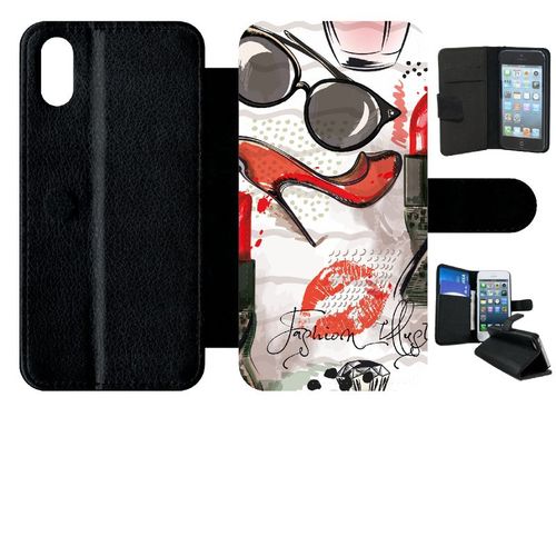 Etui A Rabat - Motif Girly Fond Blanc - Compatible Avec Apple Iphone Xs - Plastique - Bord Noir