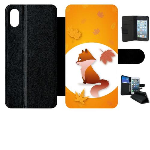 Etui A Rabat - Renard Fond Orange - Compatible Avec Apple Iphone Xs Max - Simili-Cuir - Bord Noir