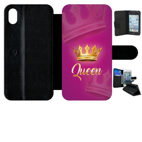 Etui A Rabat - Queen Fond Rose - Compatible Avec Apple Iphone Xr - Simili-Cuir - Bord Noir