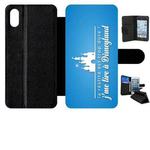 Etui A Rabat - La Realite Est Tropdure Jme Tire A Disney Fond Turquoise - Compatible Avec Apple Iphone Xs Max - Simili-Cuir - Bord Noir