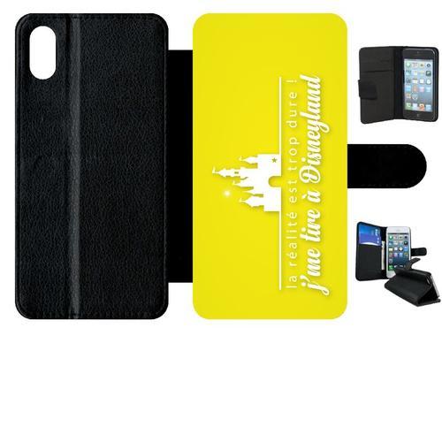 Etui A Rabat - La Realite Est Tropdure Jme Tire A Disney Fond Jaune - Compatible Avec Apple Iphone Xs Max - Simili-Cuir - Bord Noir