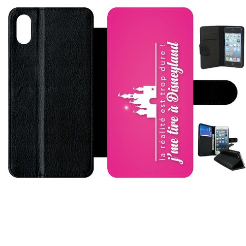 Etui A Rabat - La Realite Est Tropdure Jme Tire A Disney Fond Rose - Compatible Avec Apple Iphone Xs Max - Simili-Cuir - Bord Noir