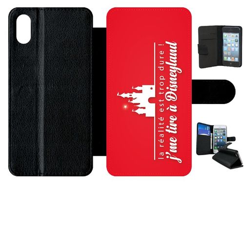 Etui A Rabat - La Realite Est Tropdure Jme Tire A Disney Fond Rouge - Compatible Avec Apple Iphone Xs Max - Simili-Cuir - Bord Noir