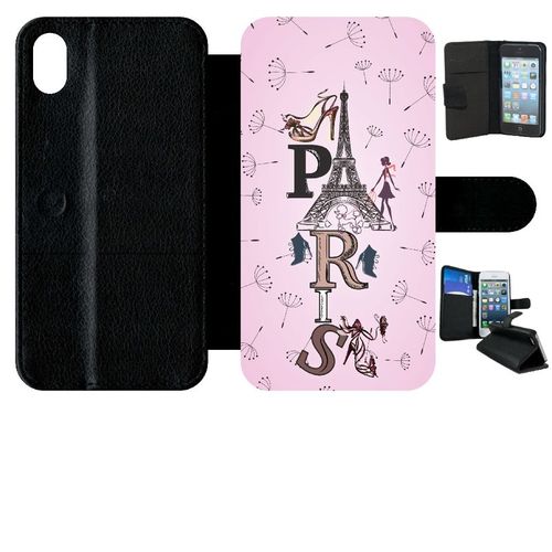 Etui A Rabat - Paris Fond Rose Pale - Compatible Avec Apple Iphone Xr - Simili-Cuir - Bord Noir