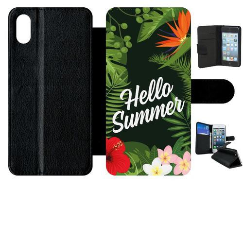 Etui A Rabat - Hello Summer Tropical Fond Vert - Compatible Avec Apple Iphone Xs Max - Simili-Cuir - Bord Noir