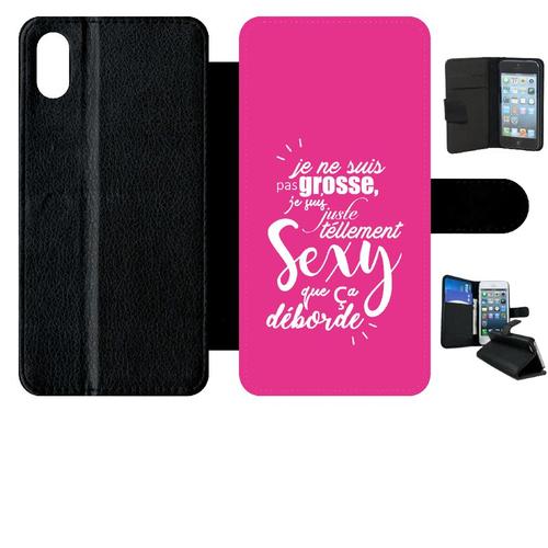 Etui A Rabat - Je Ne Suis Pas Grosse Fond Rose Fushia - Compatible Avec Apple Iphone Xs Max - Simili-Cuir - Bord Noir