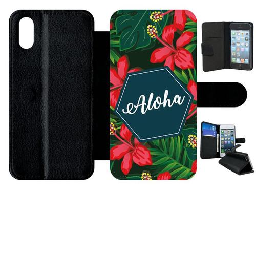 Etui A Rabat - Aloha Tropical Fond Vert - Compatible Avec Apple Iphone Xs - Plastique - Bord Noir