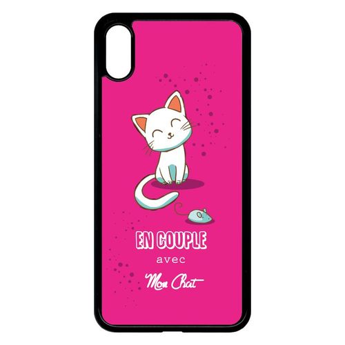 Coque Pour Smartphone - En Couple Avec Mon Chat Fond Rose - Compatible Avec Apple Iphone Xs Max - Plastique - Bord Noir