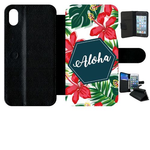 Etui A Rabat - Aloha Tropical Fond Blanc - Compatible Avec Apple Iphone Xr - Simili-Cuir - Bord Noir