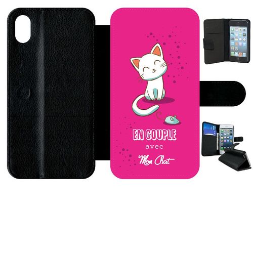 Etui A Rabat - En Couple Avec Mon Chat Fond Rose - Compatible Avec Apple Iphone Xr - Simili-Cuir - Bord Noir