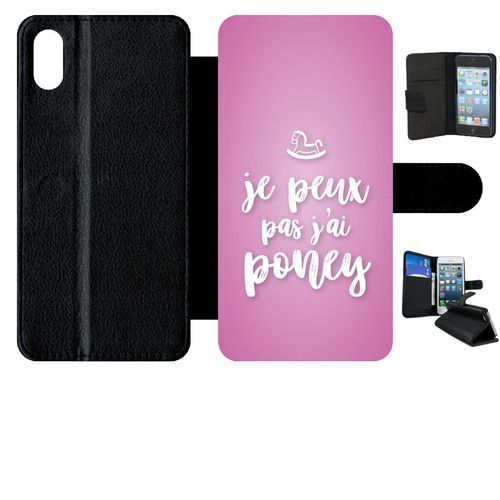 Etui A Rabat - Je Peux Pas Jai Poney Fond Rose Pale - Compatible Avec Apple Iphone Xs Max - Simili-Cuir - Bord Noir