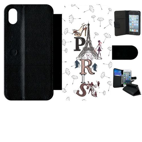 Etui A Rabat - Paris Fond Blanc - Compatible Avec Apple Iphone Xr - Simili-Cuir - Bord Noir