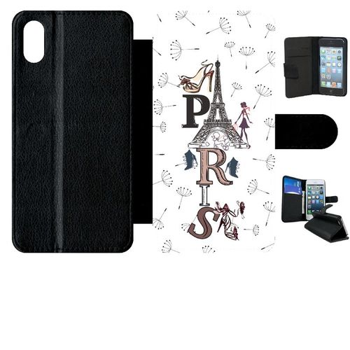 Etui A Rabat - Paris Fond Blanc - Compatible Avec Apple Iphone Xs Max - Simili-Cuir - Bord Noir