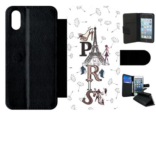 Etui A Rabat - Paris Fond Blanc - Compatible Avec Apple Iphone Xs - Plastique - Bord Noir