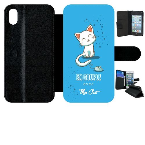Etui A Rabat - En Couple Avec Mon Chat Fond Bleu - Compatible Avec Apple Iphone Xr - Simili-Cuir - Bord Noir