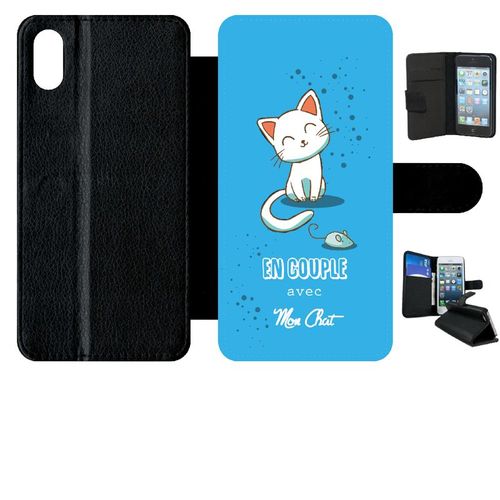 Etui A Rabat - En Couple Avec Mon Chat Fond Bleu - Compatible Avec Apple Iphone Xs Max - Simili-Cuir - Bord Noir