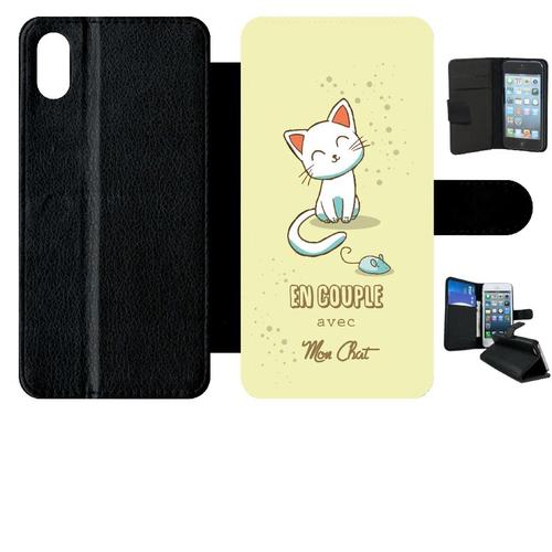 Etui A Rabat - En Couple Avec Mon Chat Fond Jaune - Compatible Avec Apple Iphone Xs Max - Simili-Cuir - Bord Noir