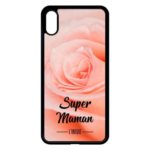 Coque Pour Smartphone - Super Maman L Unique Fond Fleur Rose - Compatible Avec Apple Iphone Xs Max - Plastique - Bord Noir